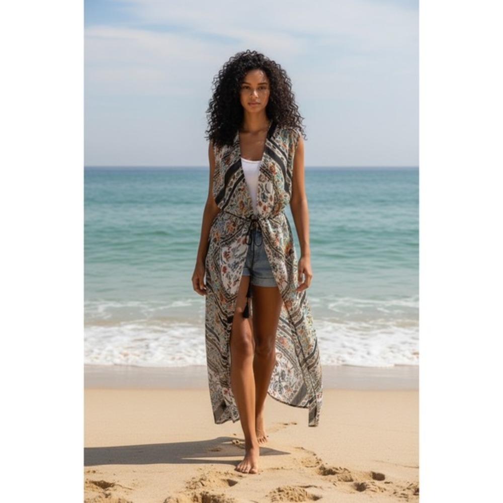 She + Sky Floral Paisley Chiffon Kimono Cardigan OS Multicolor Sheer SL3136